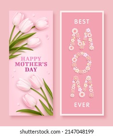Mother's day greeting background set with realistic tulips and cartoon flowers. Vector illustration for poster, banner, promotional materials, website
