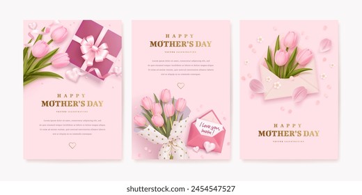 Mother's day greeting background set with 3d tulips, gift box, envelope and golden text. Vector illustration for poster, card, promotional materials, website