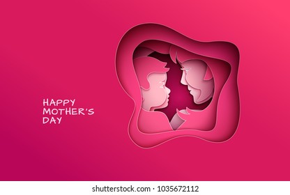 Mother's day greeting banner, abstract cut shape on red backdrop. Woman & baby silhouettes, congratulation text. Pink design element for holiday banner, poster. Paper cut style, vector illustration