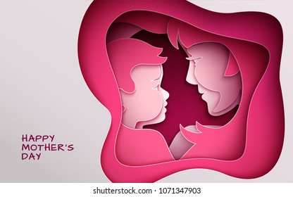 Mother's day greeting banner, abstract cut shape on pink background. Woman & baby silhouettes, congratulation text. Pink design element for holiday banner, poster. Paper cut style, vector illustration