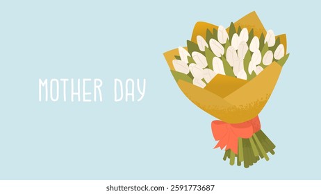 Mother's Day greeting banner or card. Gift for a parent. A large bouquet of white tulips wrapped in a craft gift box. Vector illustration in cartoon style.