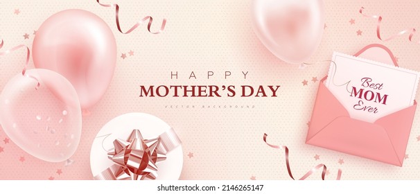 Mother's day greeting banner with realistic balloons and envelope