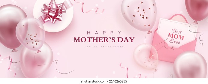 Mother's day greeting banner with realistic balloons and envelope