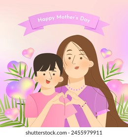 Mother's day greeting card with 3d heart background and blurred background