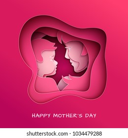 Mother's day greeting card, abstract cuted shape on red backdrop. Woman and baby silhouettes, congratulation text. Pink design element for holiday banner, poster. Paper cut style, vector illustration