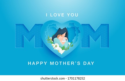 Mother's day greeting card, abstract cut shape on blue backdrop. Woman and baby, congratulation text. design element for holiday banner, poster. Paper cut style, vector illustration