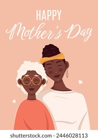 Mother's day greeting card. African American woman and her adult daughter. Vector illustration in flat style.