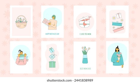 Mother's day greeting card backgrounds set. Spring happy holiday banner templates. Festive cover with decoration. Vector flat illustration.