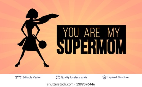 Mother's Day greeting card banner template. Superhero woman silhouette and text.