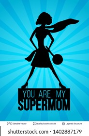 Mother's Day greeting card banner template. Superhero woman silhouette and text.