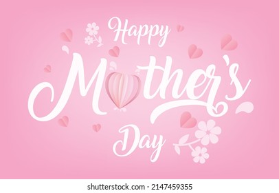 Mother's Day greeting card banner vector with 3d flying hearts pink papercut.symbol of love and handwritten letters on pink background.