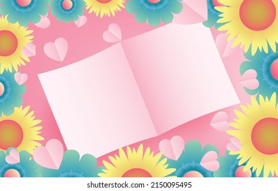 Mother's Day greeting card banner vector with spring flowers and bank paper.symbol of love and paper cut hearts on pink background.