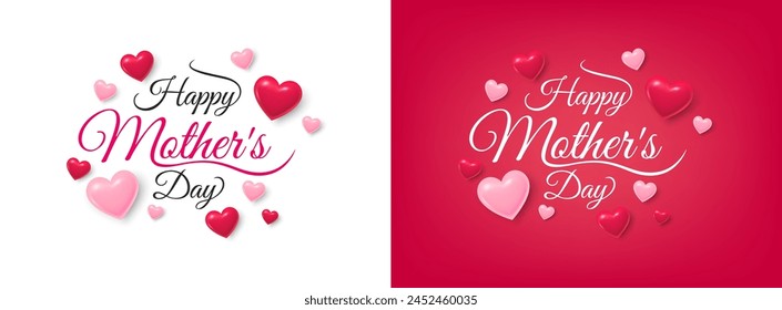 Tarjeta de felicitación del día de la madre. Anuncio con corazones rosas voladores. Fondo de vacaciones del día de la madre. Amor mamá dibujado a mano letras y caligrafía con lindos corazones 3d. Tarjeta de felicitación. Ilustración vectorial