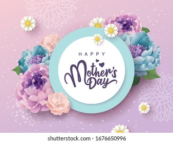 Mother's day greeting card with beautiful blossom flowers background