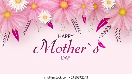 Mother's day greeting card with beautiful blooming flowers and colorful leaves. Happy mother's day.