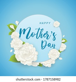 Tarjeta de saludo del día de la madre con hermosa flor de jazmín blanca. Ilustración vectorial perfectamente realista sobre fondo azul.