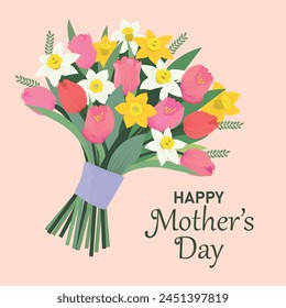 Mother's day greeting card with beautiful bouquet of tulips and daffodil. Hand drawn trendy vector illustration. 