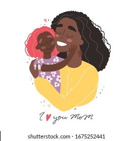 Mothers day greeting card. Black african american mother hugs baby. Family holiday and togetherness. Vector eps 10