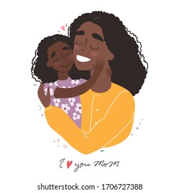 Mothers day greeting card. Black african american mother hugs baby. Family holiday and togetherness. Vector eps 10