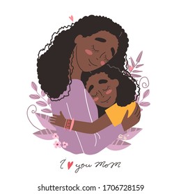 Mothers day greeting card. Black african american mother hugs baby. Family holiday and togetherness. Vector eps 10