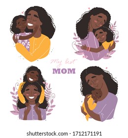 Tarjeta de saludo del día de la madre. Madre afroamericana abraza a bebé. Vacaciones familiares y convivencia. Imágenes prediseñadas de vectores