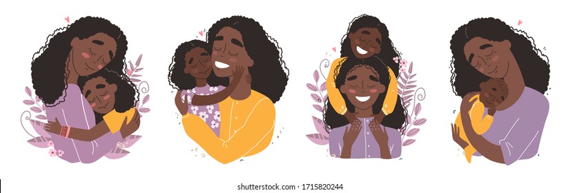 Mothers Day Greeting Card. Black African American Mother Hugs Baby. Family Holiday And Togetherness. Vector Clip Art