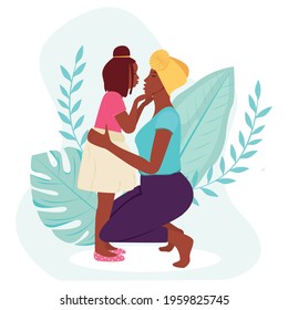 Mother's day greeting card. Black woman with daughter. Vector illustration