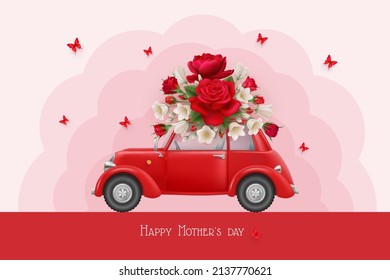 Mother's day greeting card with bouquet of red roses and white bells on roof of pink toy car on a clouds backdrop