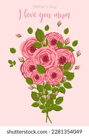 Mother's day greeting card. Bouquet of pink roses with green leaves. Botanical vector illustration isolated on white background for postcard, poster, ad, decor and other uses.