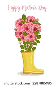 Mother's day greeting card. Bouquet of roses in yellow rain boot. Botanical vector illustration isolated for postcard, poster, ad, decor and other uses.