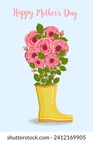 Mother's day greeting card. Bouquet of roses in yellow rain boot. Botanical vector illustration isolated for postcard, poster, ad, decor and other uses.