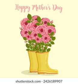 Mother's day greeting card. Bouquet of roses in yellow rain boots. Botanical vector illustration isolated for postcard, poster, ad, decor and other uses.
