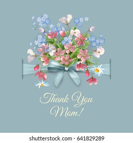 Mothers Day greeting card with a bow and a bouquet of flowers