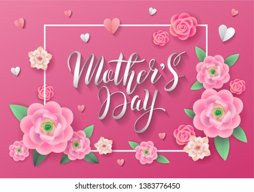 Mother's Day greeting card with bright colorful pink flowers and paper hearts around lettering. - Vector