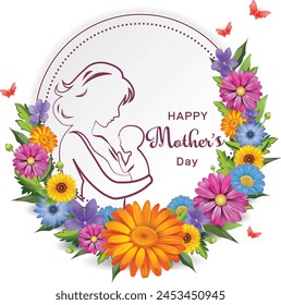 Mother's day greeting card with Bunch of green leaves and beautiful blossom flowers in circle. Flower's Bouquet.