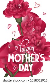 Mother's Day greeting card  with carnations and hand drawn hearts. Vector illustration