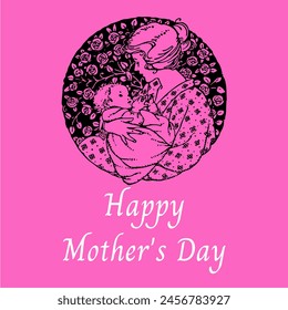 Mother's day greeting card. Mother's Day is celebrated. Vector banner with background isolated elements. Mother and own child drawing design for happy mother's day