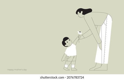 Mother's day greeting card. Child gifts mother a flower. Mom leans over to the little child to accept the gift. Vector illustration in simple minimal linear style.Template for print, websites.