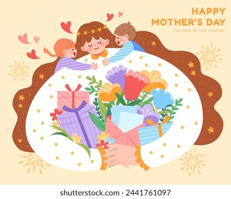 Mothers day greeting card. Children hugging mom with gifts, and flowers on light yellow background.