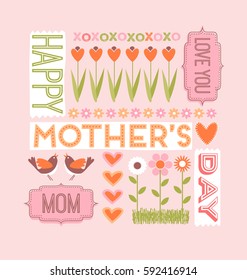 Mother's Day greeting card. Collage of words, flowers, hearts and birds.