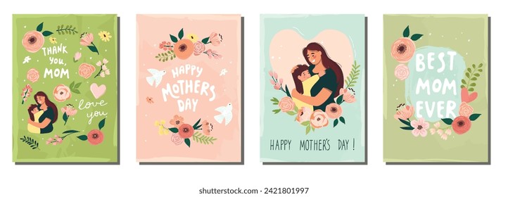 Colección de tarjetas de saludo del Día de la Madre con ilustración de madre e hijo, letras a mano, aves y flores. Fondo de dibujos animados con composición floral y personajes lindos. Plantillas abstractas, portada.