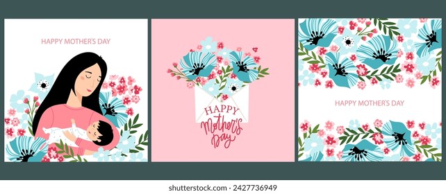 Mother's day greeting card collection. Set of different designs with mom and baby, flowers and lettering. Vector illustration.