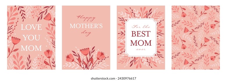 Mother's day greeting card collection. Poster, banner background with hand drawn floral decoration.Seamless pattern.