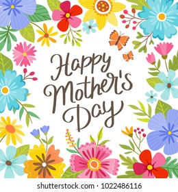 Mother's Day greeting card. Colorful flowers and hand drawn title. Vector illustration.