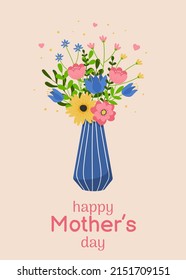 Mothers day greeting card. Colorful flowers in blue vase. Vector illustration