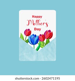 Mother's Day greeting card with colorful tulips in a blue envelope on a light blue background. Holiday celebration and floral design for greeting card, invitation, or poster