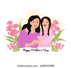 Mothers day greeting card concept. Mom and girl are smiling and hugging. Cartoon people character design happy mothers day child daughter hugging mom and giving her carnation flower as a present.