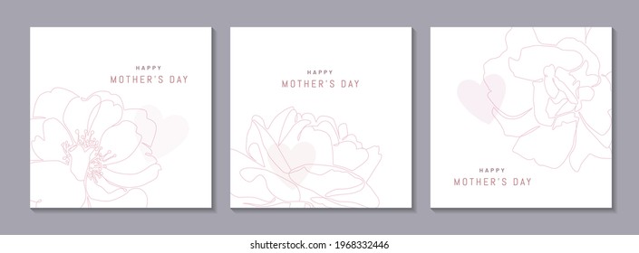 Mother's day greeting card concept  Set beautiful floral banners and one line flowers in minimalist style  Continuous line rose vector illustration