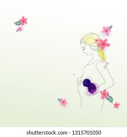 Mother's day greeting card with copy space. Pregnant woman with pink flower. Mother and baby health. Digital art painting