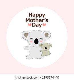 Mother's day greeting card. Cute koala mother and baby on pink background.